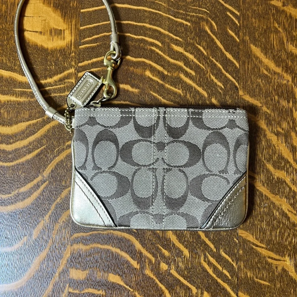 Coach Signature Canvas Wristlet in khaki and gold